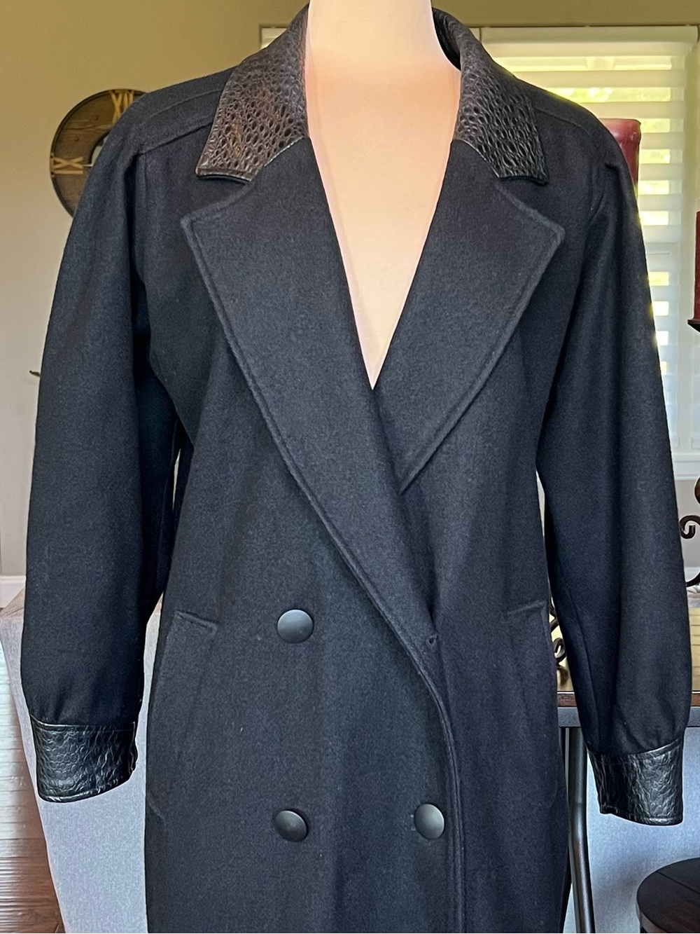 Vintage Havoc Black Wool Leather Trim Long Trench Coat USA Size 10 - Picture 3 of 15